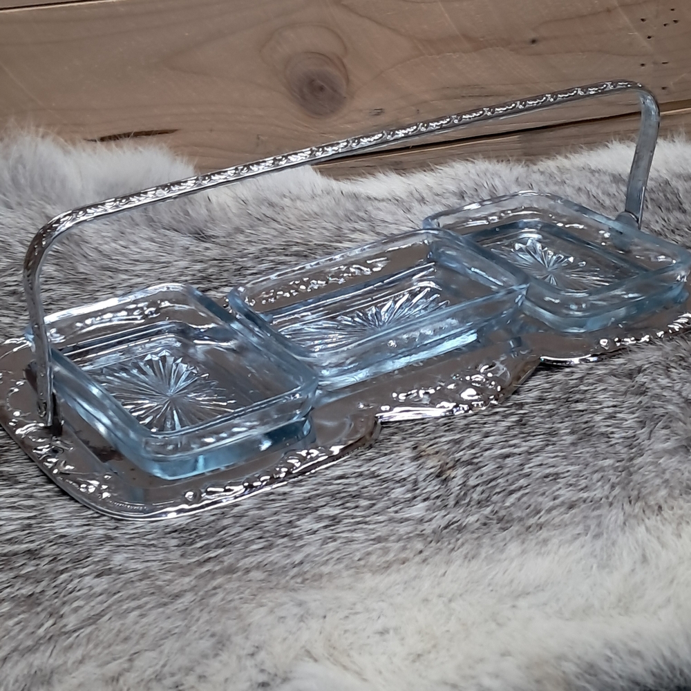Metal Tray With Handles And 3 Glass Trinket Trays